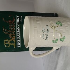 Belleek China Mug with Green Shamrocks.